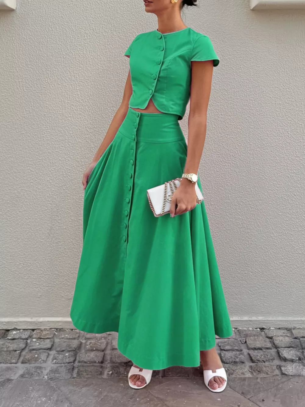 Cap Sleeve Button-Down Crop Top and Midi Skirt Set, image 21