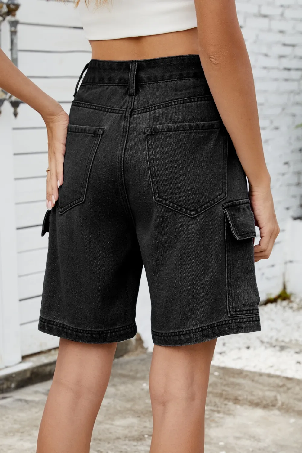 High Rise Denim Shorts with Cargo Pockets, image 11