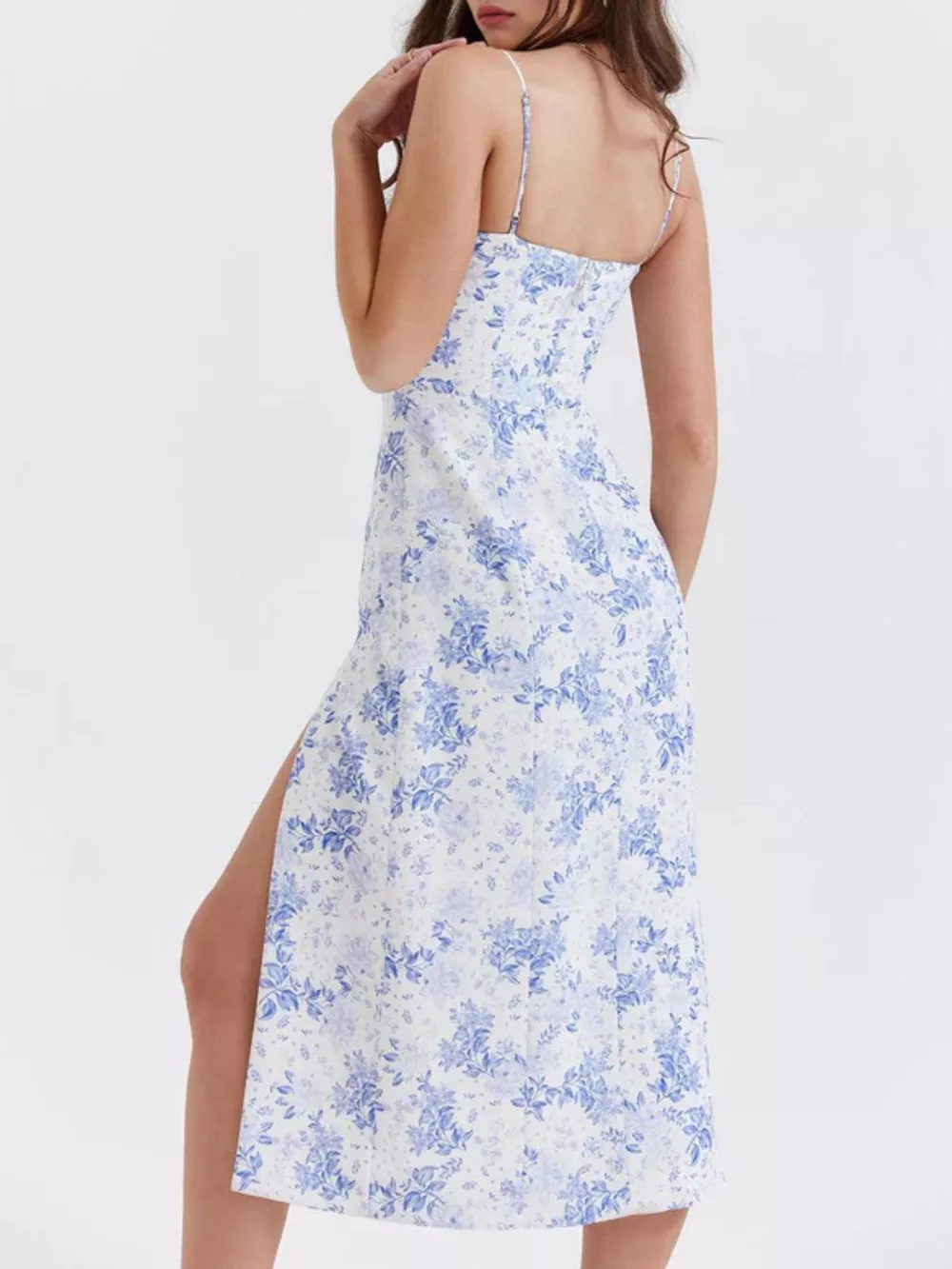 Floral Print Lace Trim Slit Midi Dress, image 17