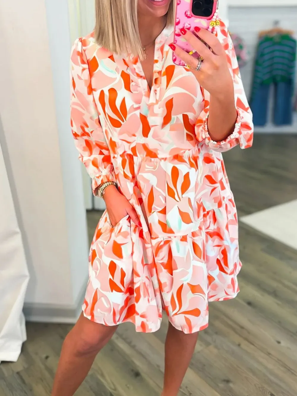 Printed Notched Long Sleeve Dress, image 7