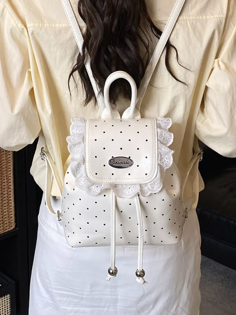 Polka Dot Lace Trim Backpack Bag, image 3