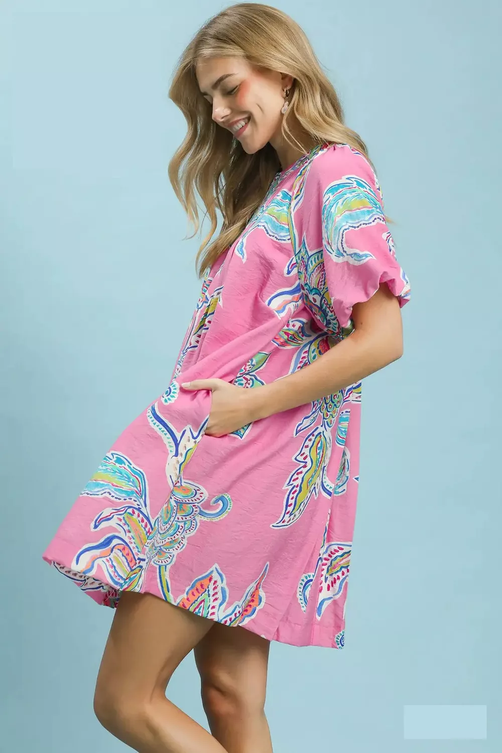 Boho Floral Print Mini Dress with Pockets, image 2