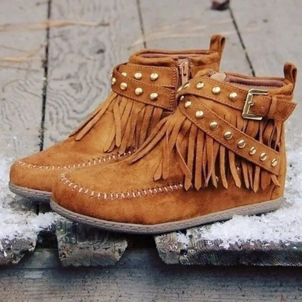 Fringe Studded Suede Flat Boots, image 2