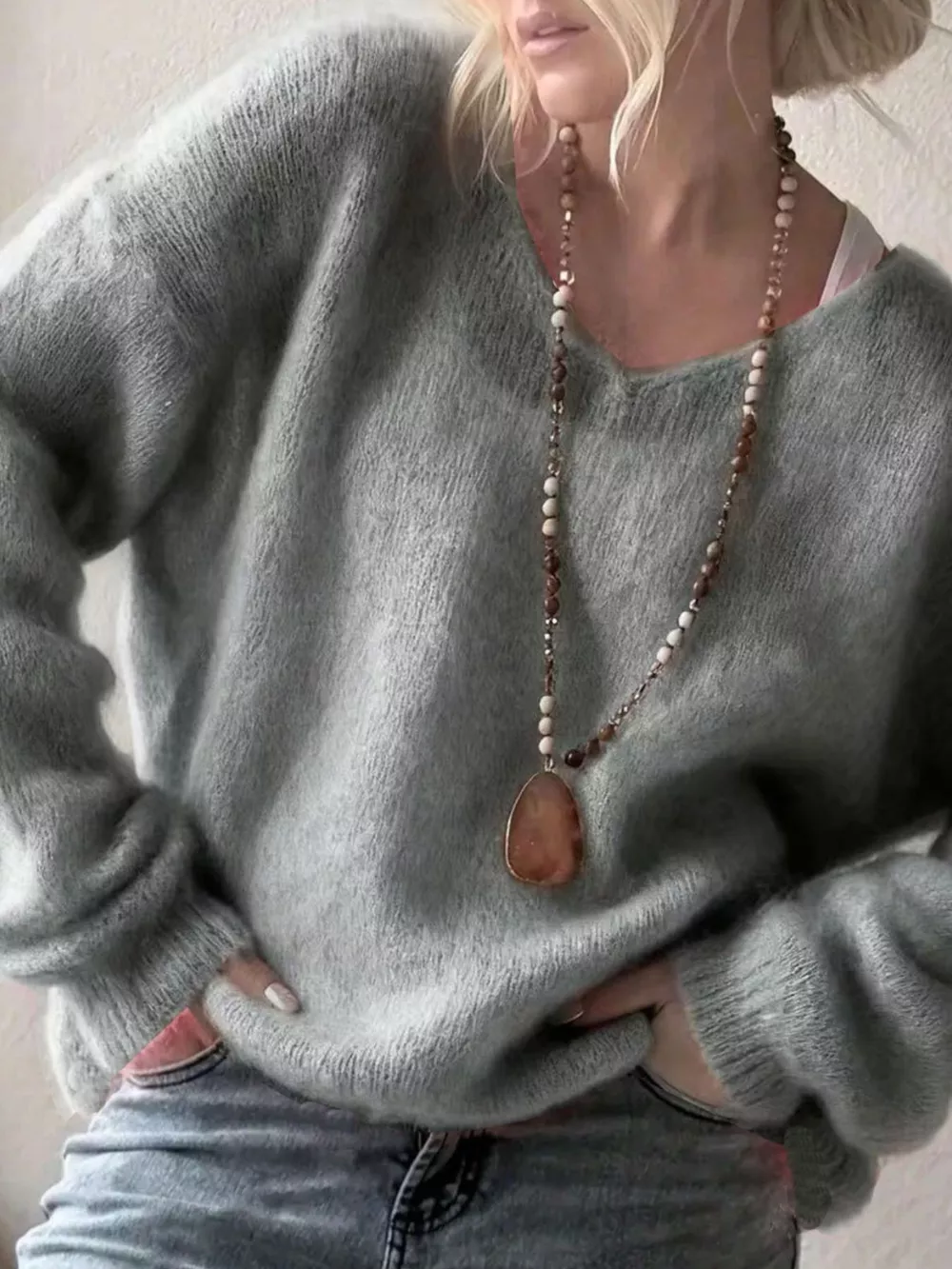 V-Neck Dropped Shoulder Sweater, image 10