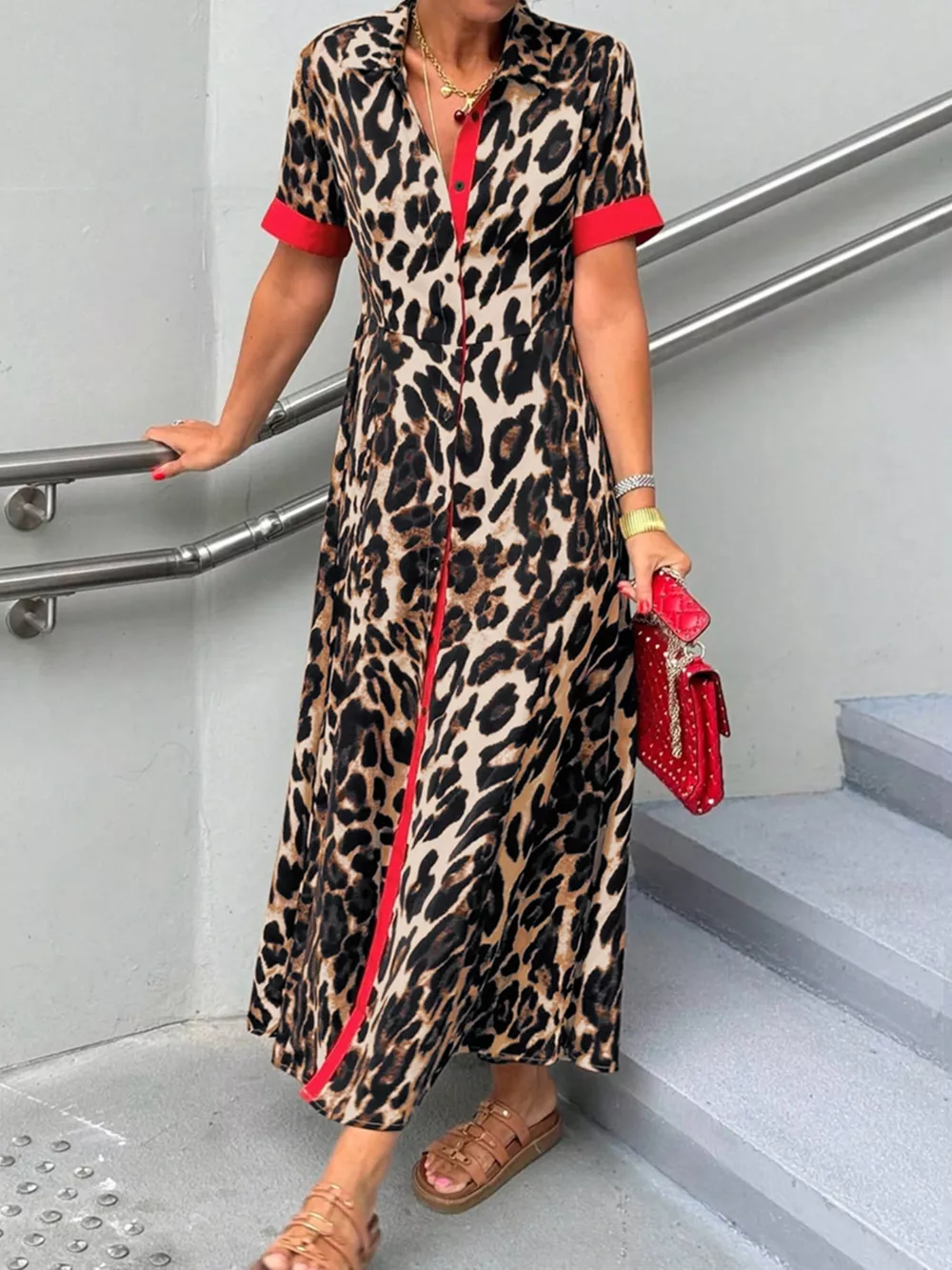 Leopard Print Button-Down Dress with Contrast Trim, image 18
