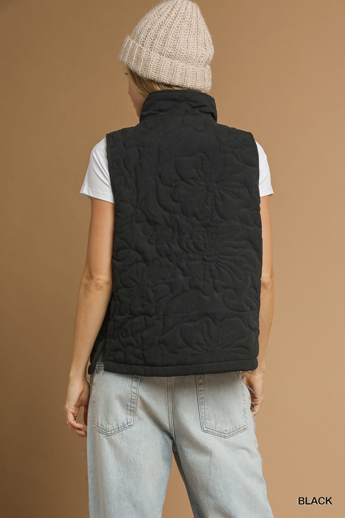 Quilted Floral Zip Up Vest with Pockets, image 3