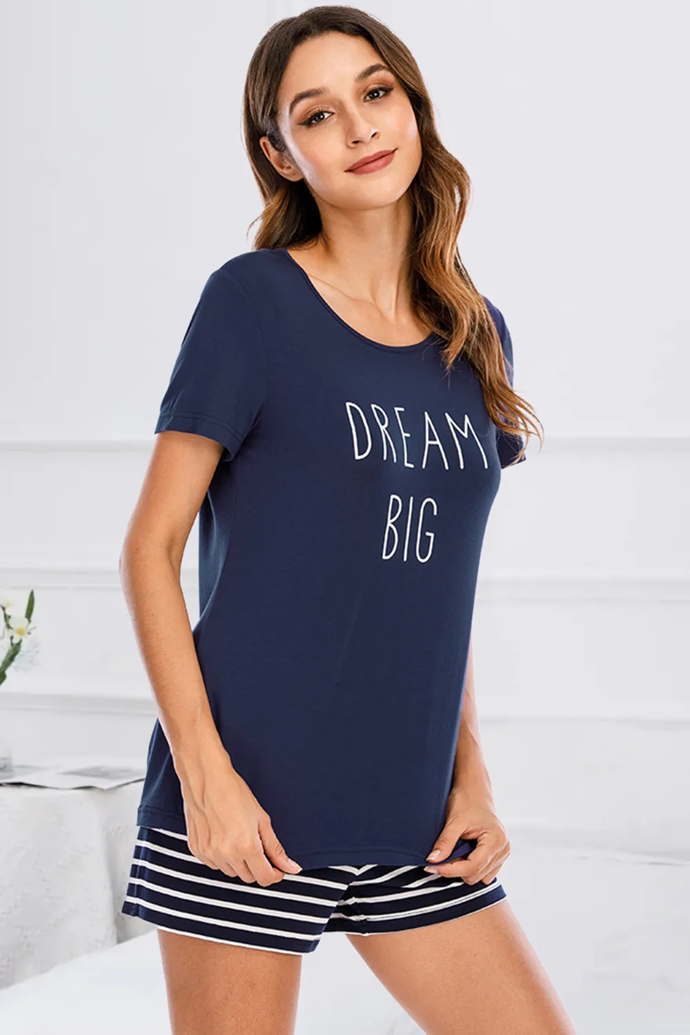 Graphic Round Neck Top and Striped Shorts Lounge Set, image 8
