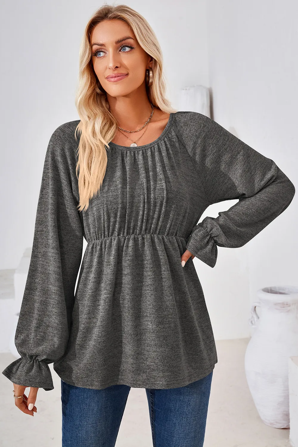 Ruched Round Neck Flounce Sleeve Blouse, image 22