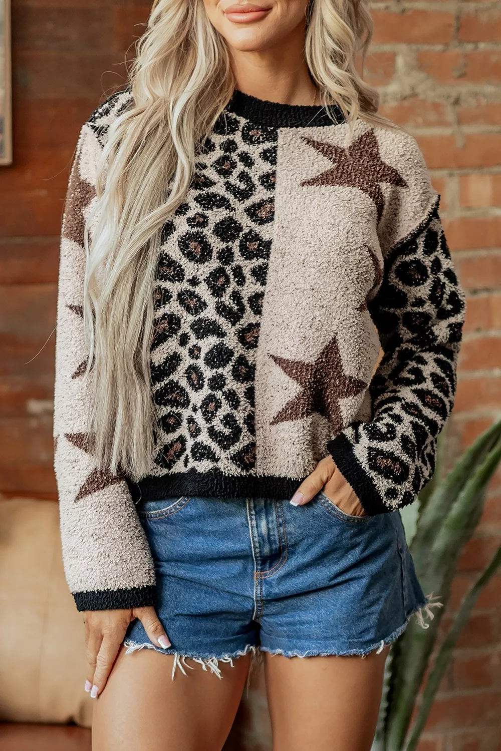 Leopard Star Pattern Round Neck Long Sleeve Shift Sweater, image 6