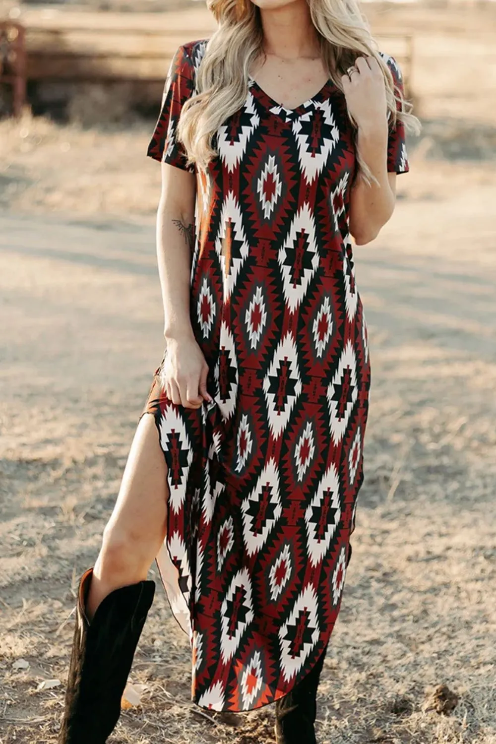 Aztec Print V-Neck Midi Dress, image 14