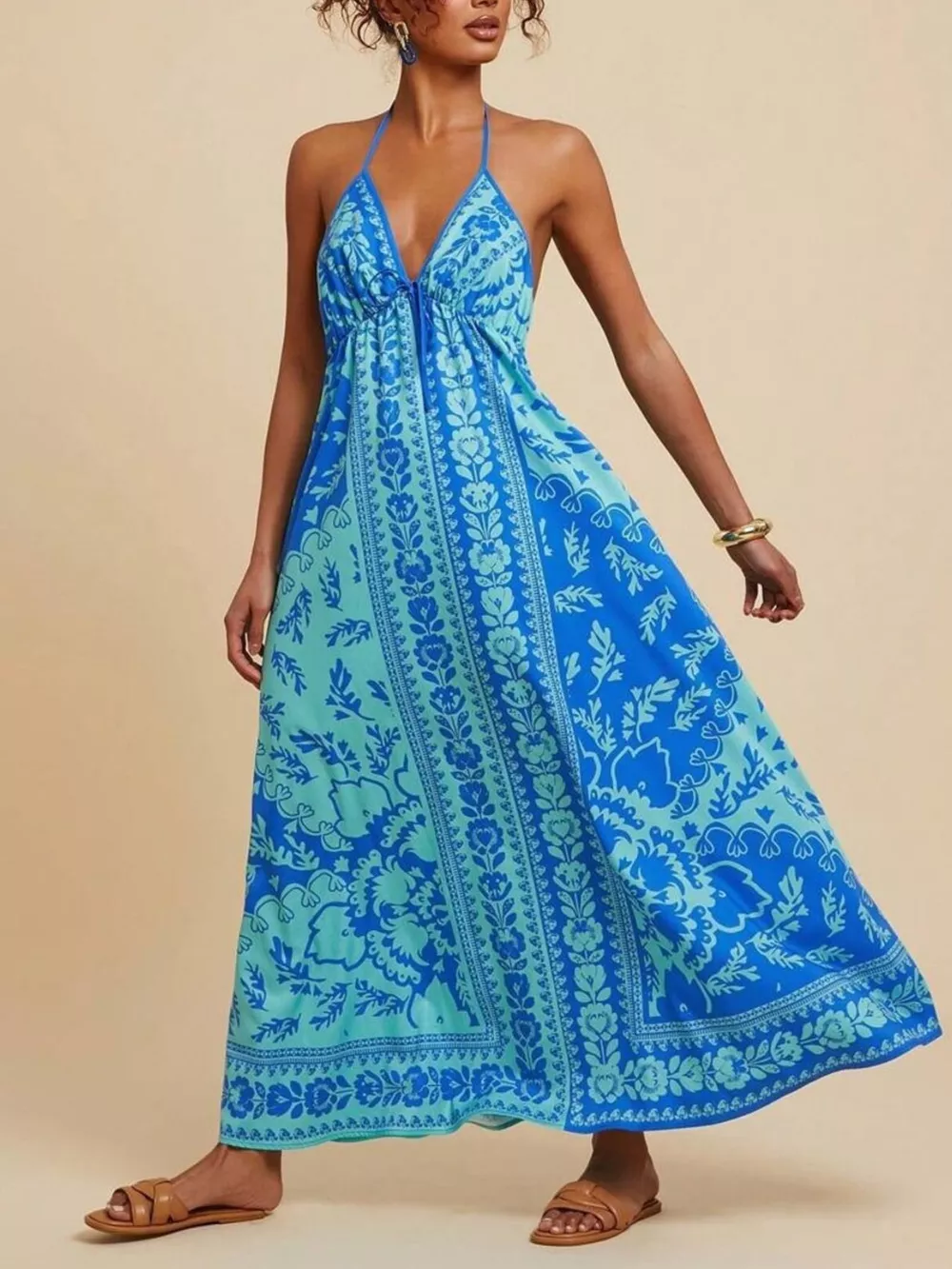 Bohemian Floral Print Halter Maxi Dress, image 3