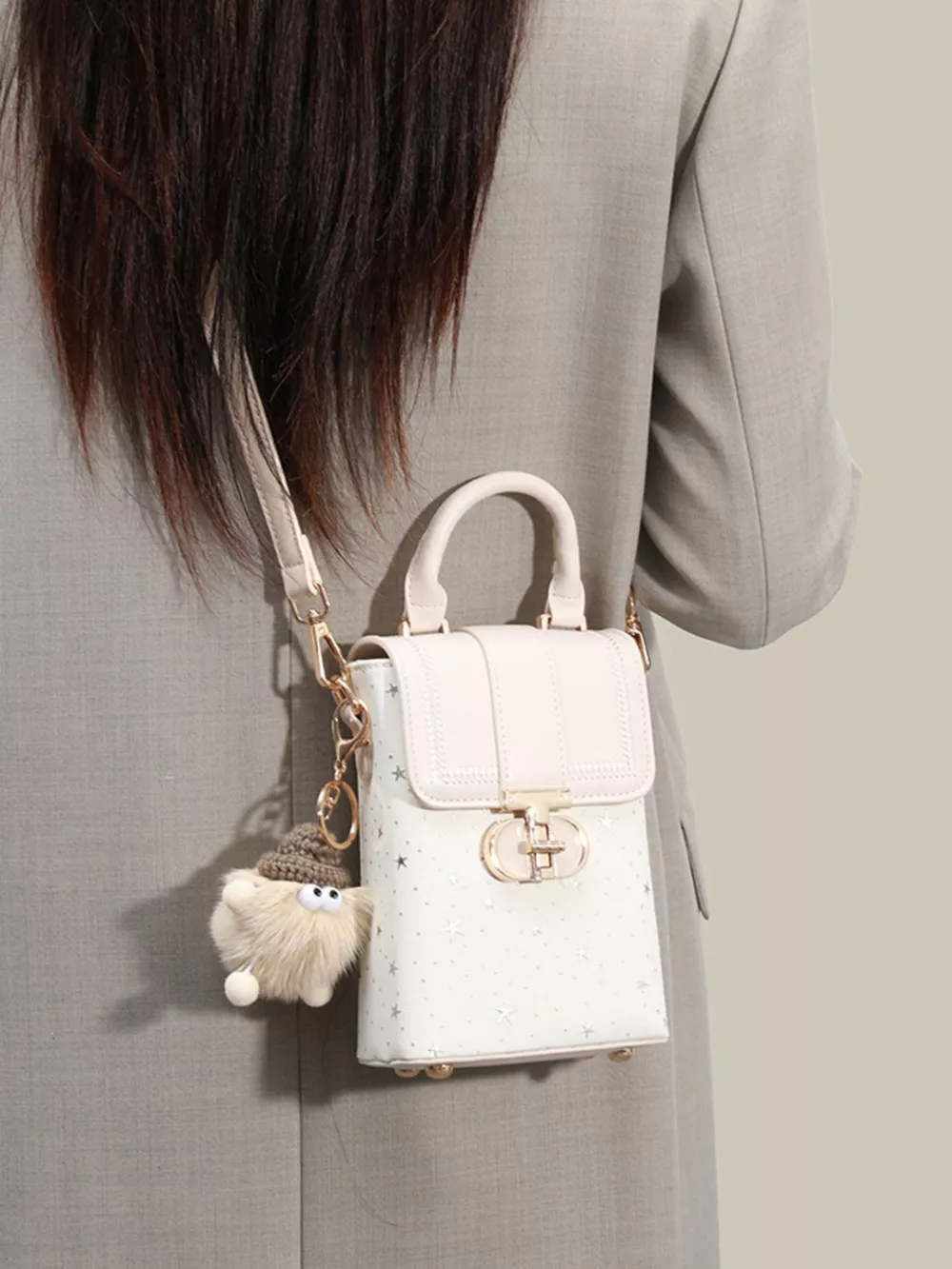 Star-Patterned Mini Crossbody Bag with Plush Charm, image 2