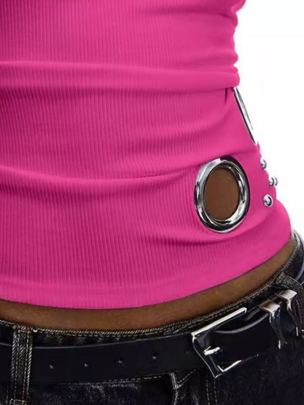Ribbed Tank Top with Metal Grommet Cutouts and Stud Embellishments, image 21