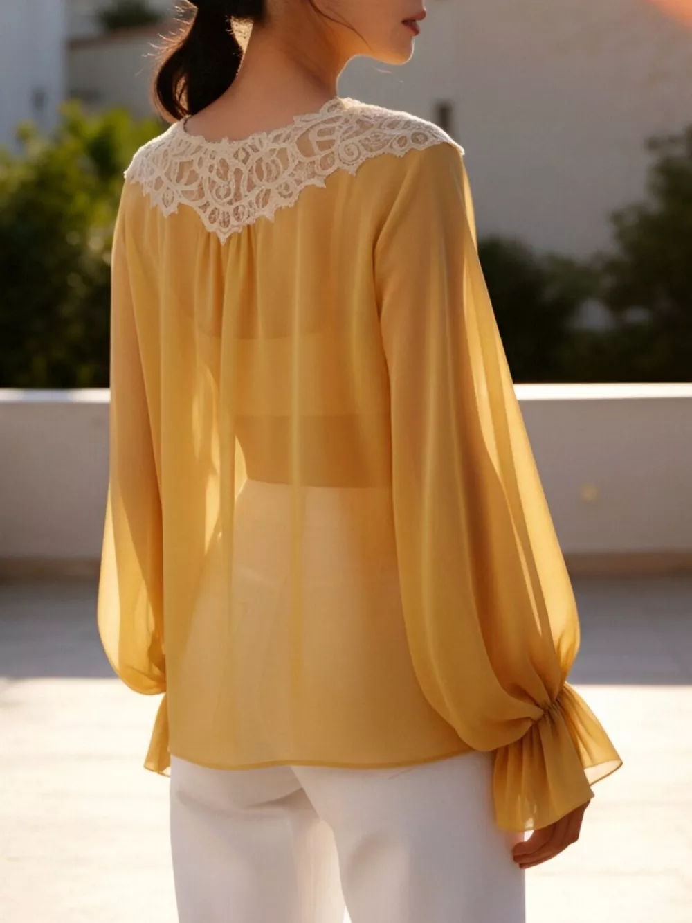 Sheer Lace-Trimmed Front Tie Blouse, image 7