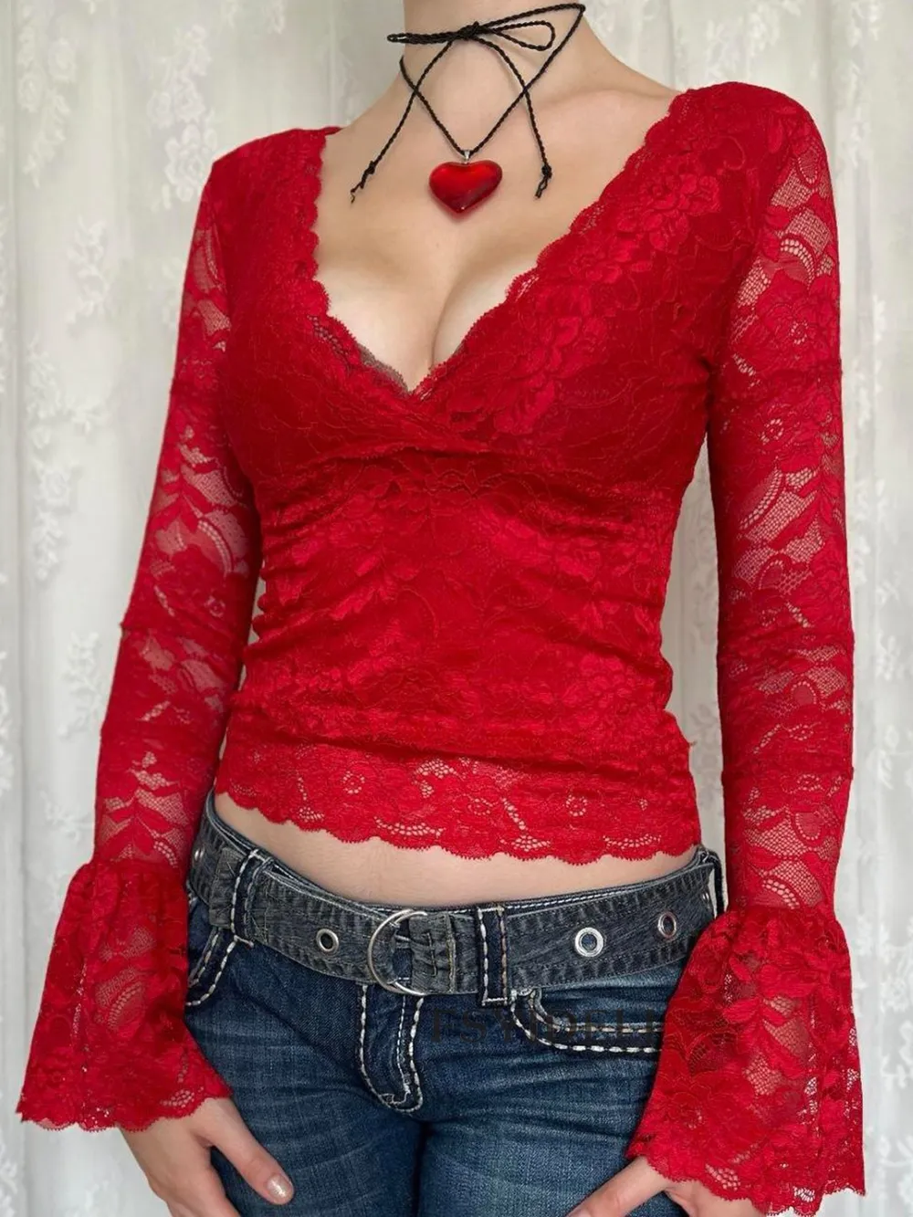 Lace Surplice Long Sleeve Blouse, image 4