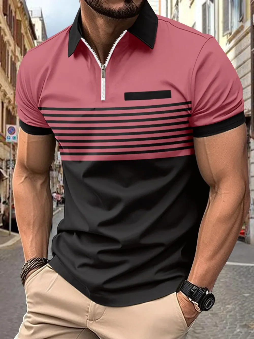 Men's Full Size Collared Neck Contrast Polo Plus Size