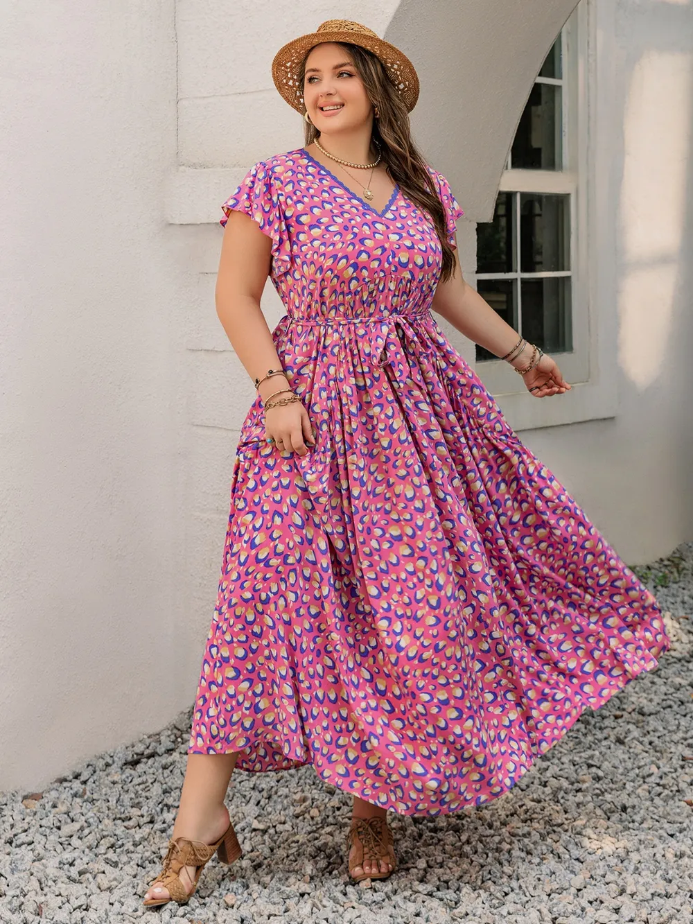 Plus Size Printed V-Neck Flutter Sleeve Tie Waist Maxi Dress, image 4