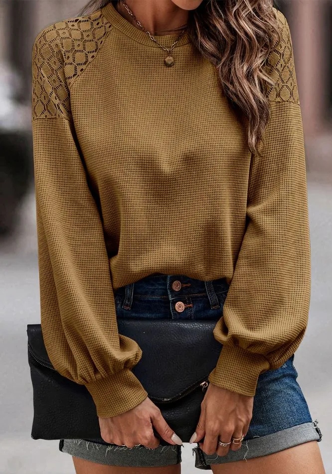 Lace Detail Round Neck Lantern Sleeve Top, image 21