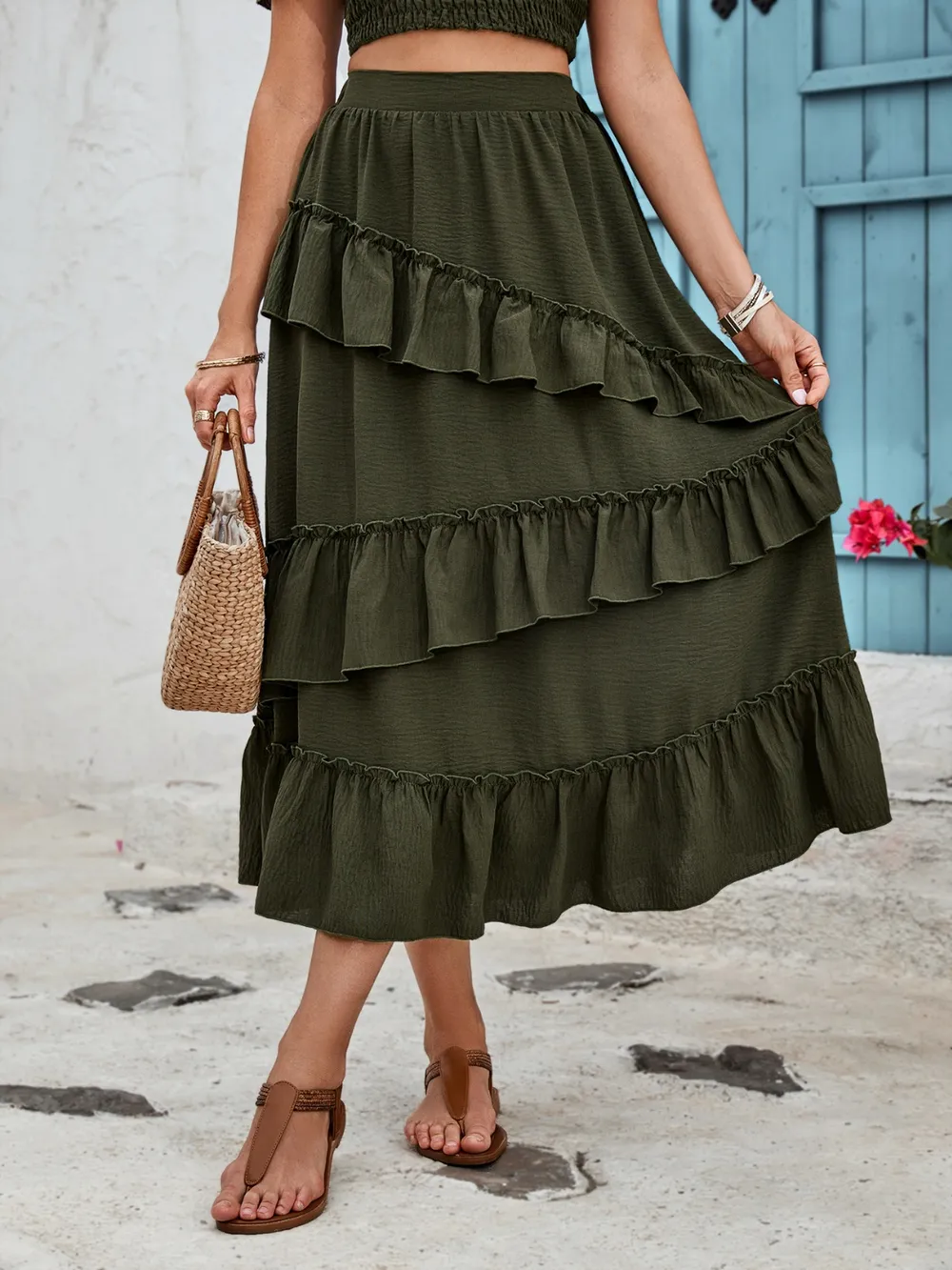 Ruffled Elastic Waist Midi Skirt, image 5