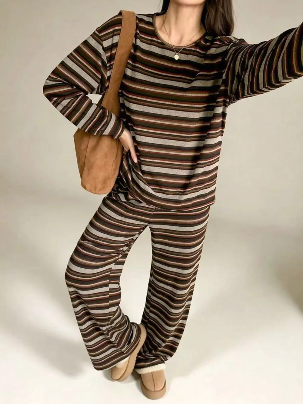 Striped Long-Sleeve Top and Wide-Leg Pants Set, image 2