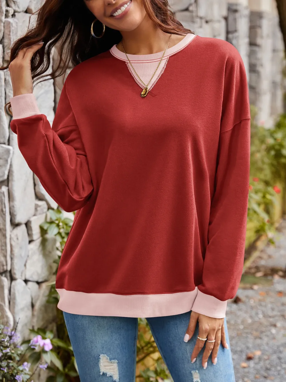 Contrast Round Neck Long Sleeve Sweatshirt, image 32