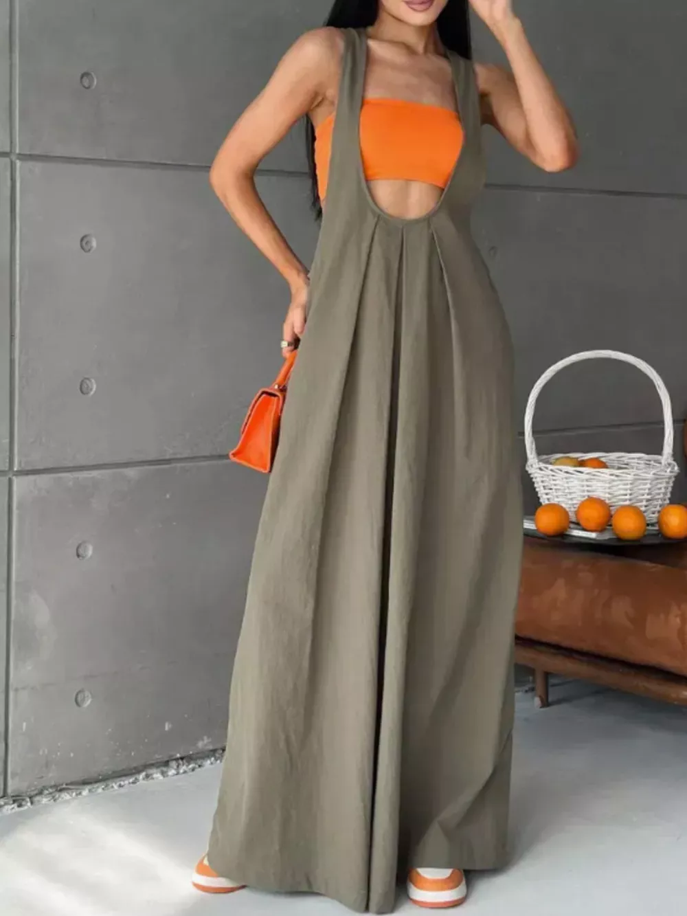 Pleated Overall Dress with Pockets, image 8