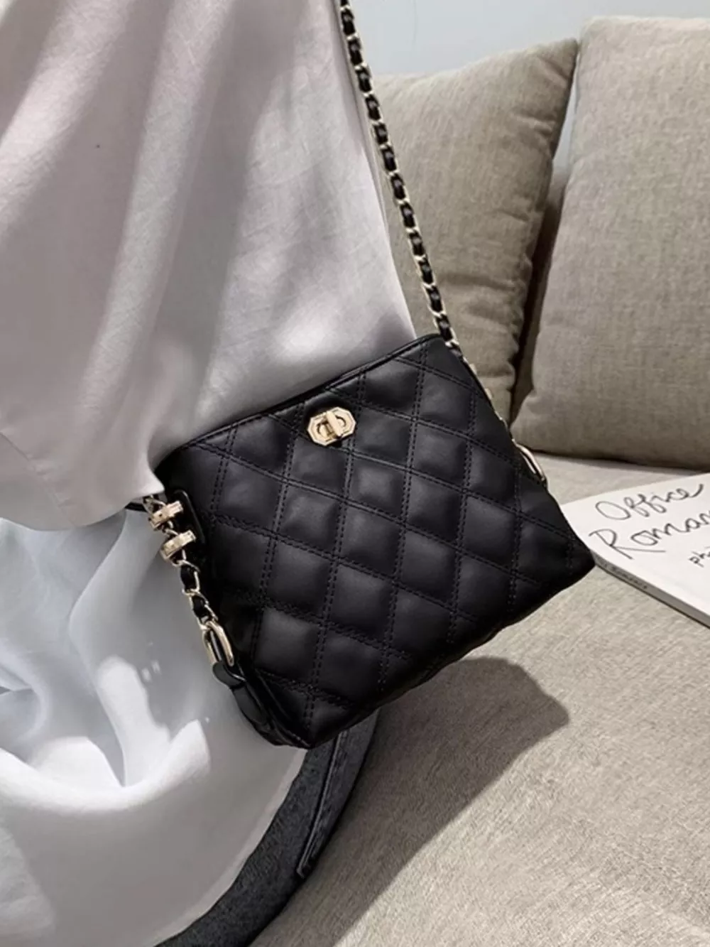 Quilted Bucket Crossbody Bag with Chain Strap, image 4
