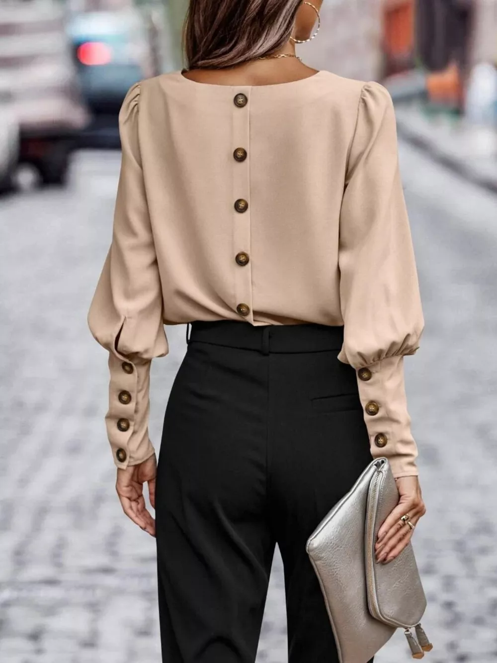 Back Button Lantern Sleeve Blouse, image 8