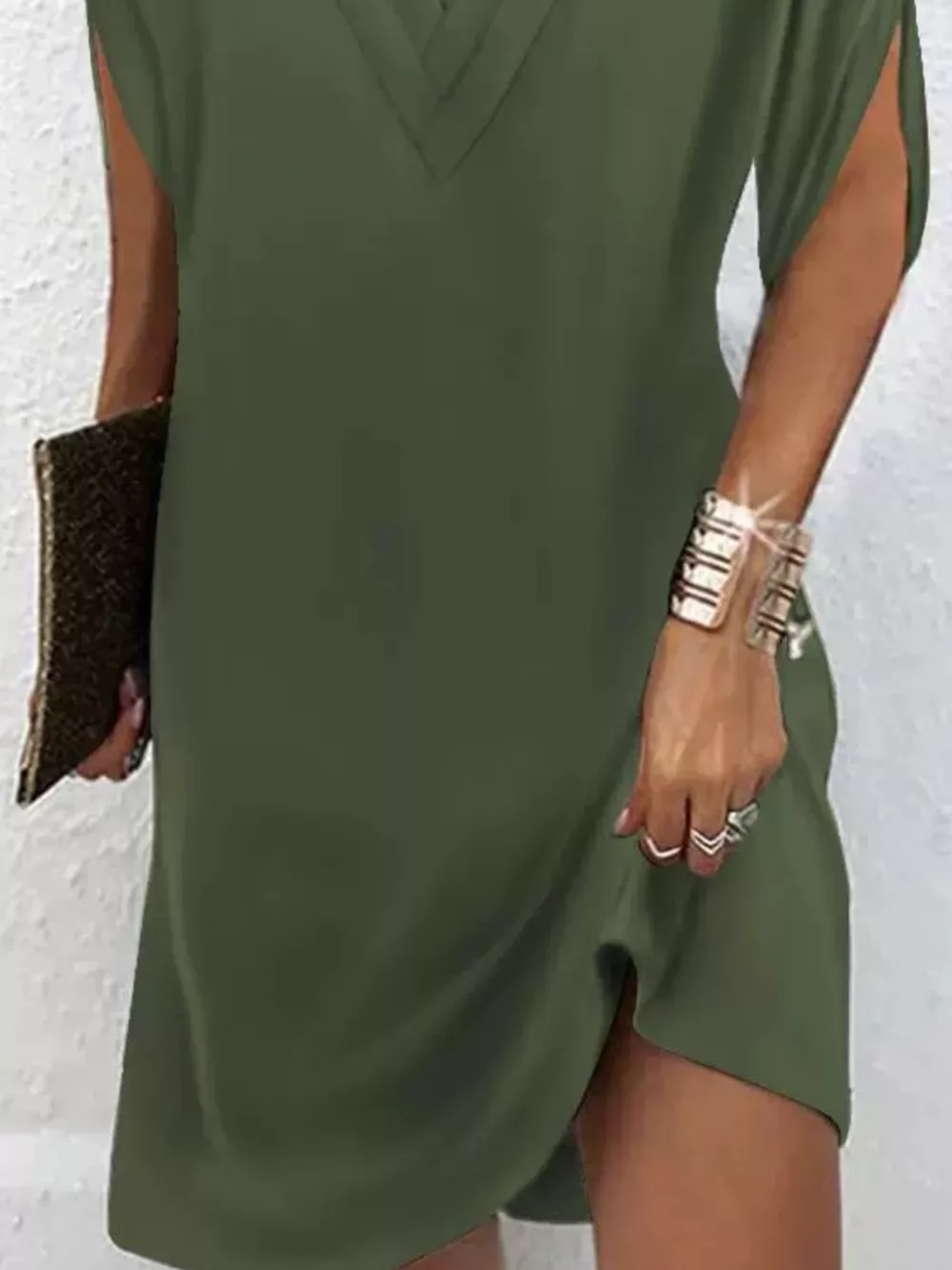 Full Size V-Neck Slit Sleeve Mini Dress Plus Size, image 6