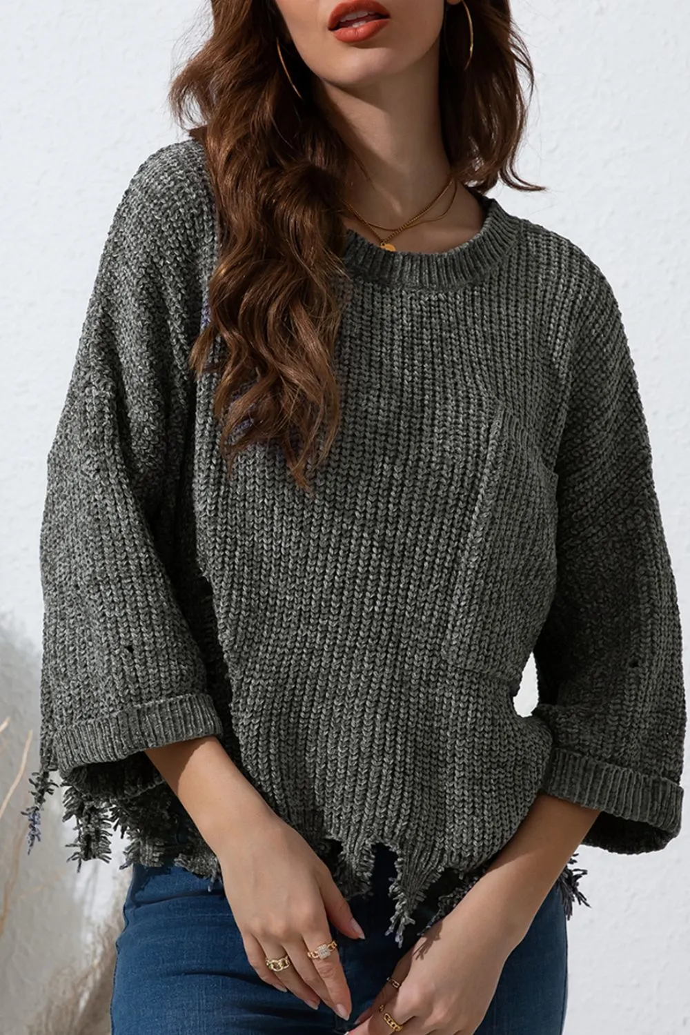 Distressed Round Neck Drop Shoulder Sweater, image 12