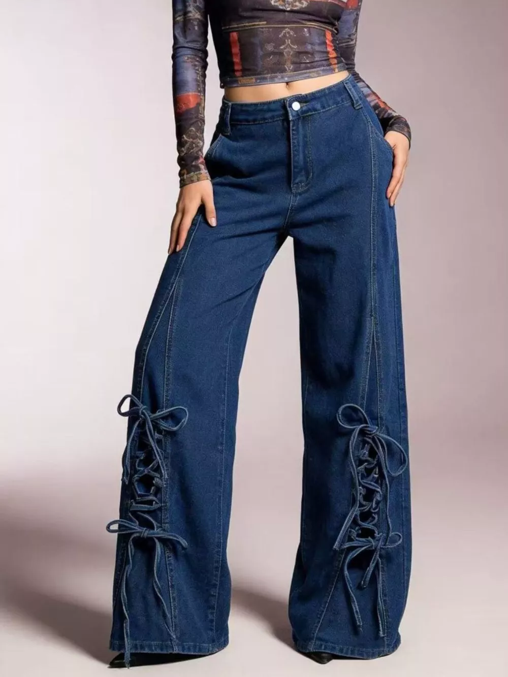 Lace-Up Wide Leg Jeans, image 3