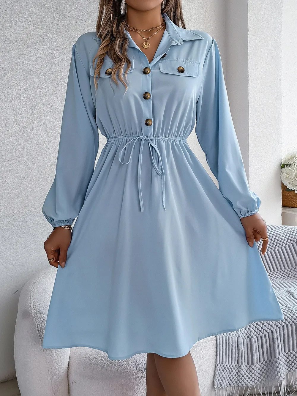 Collared Neck Long Sleeve Dress with Pockets, image 2