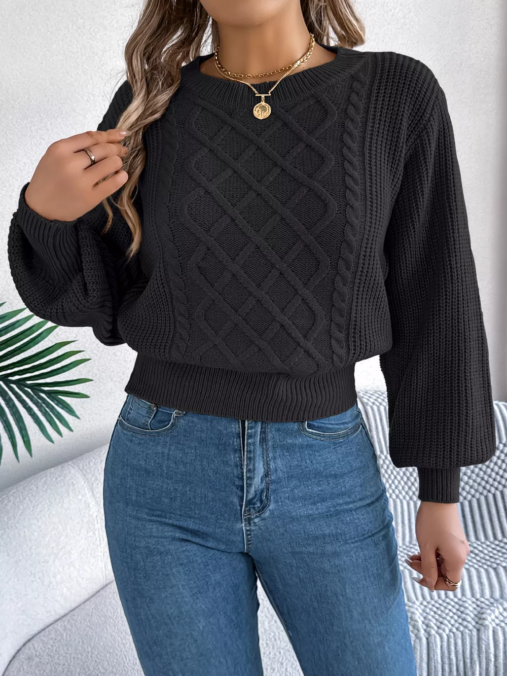 Cable Knit Diamond Pattern Long Sleeve Sweater, image 18