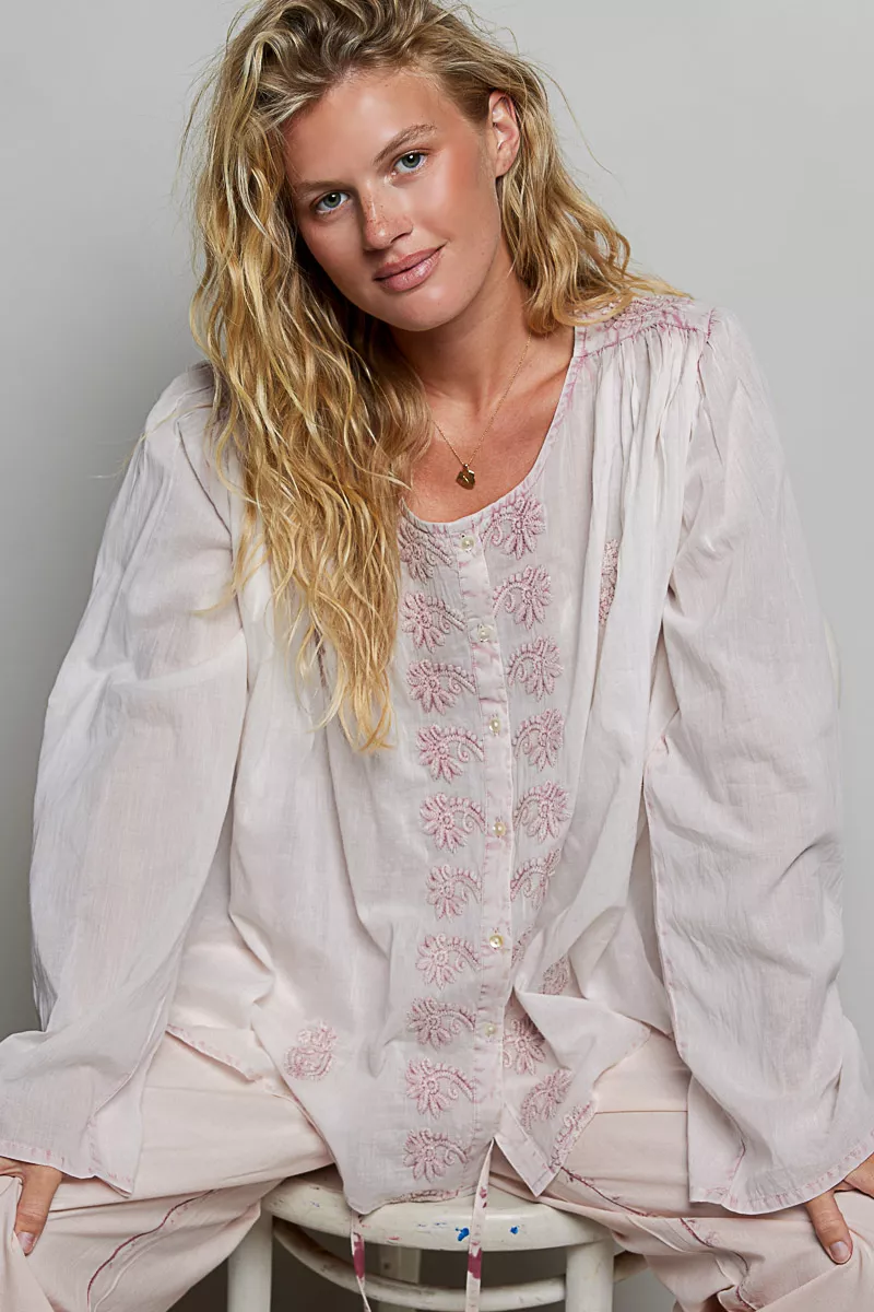 POL Embroidered Gathered Shoulder Long Sleeve Shirt, image 4