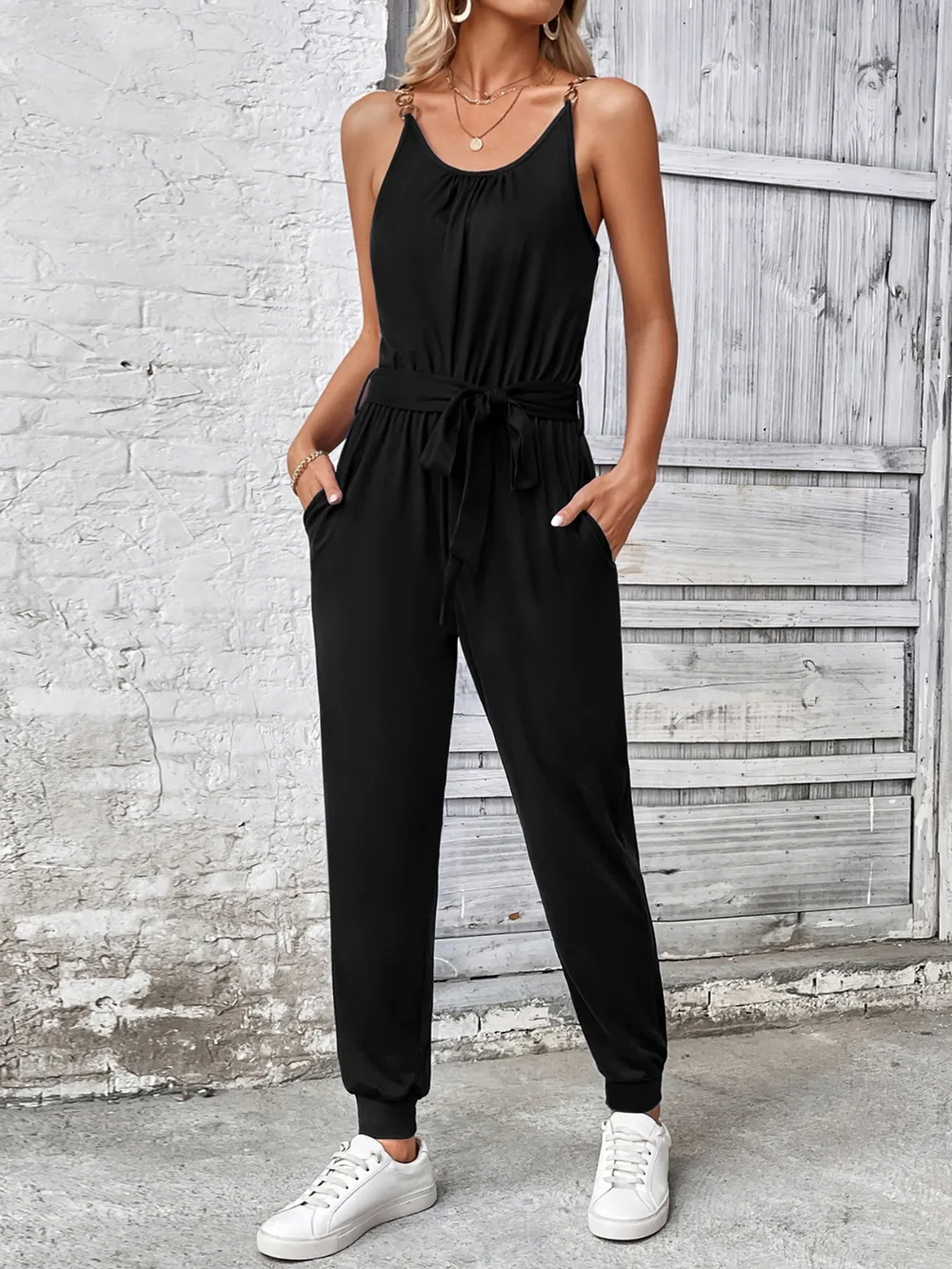 Scoop Neck Tie Waist Jumpsuit, image 7