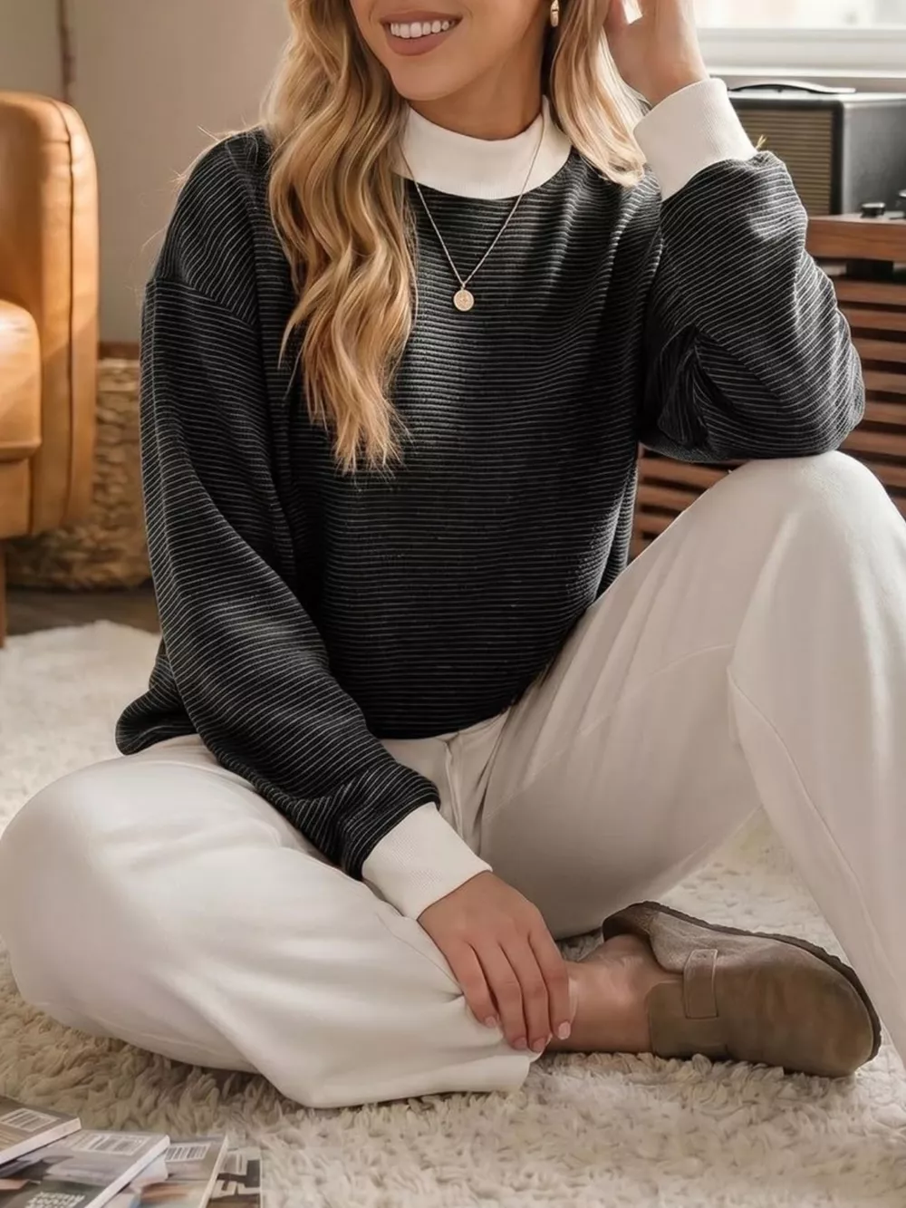 Casual Mock Neck Striped Long Sleeve T-Shirt, image 9