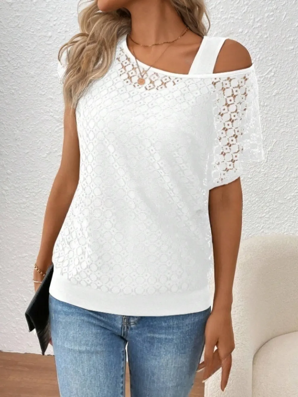 Lace Short Sleeve Fake Two Piece T-Shirt, image 10