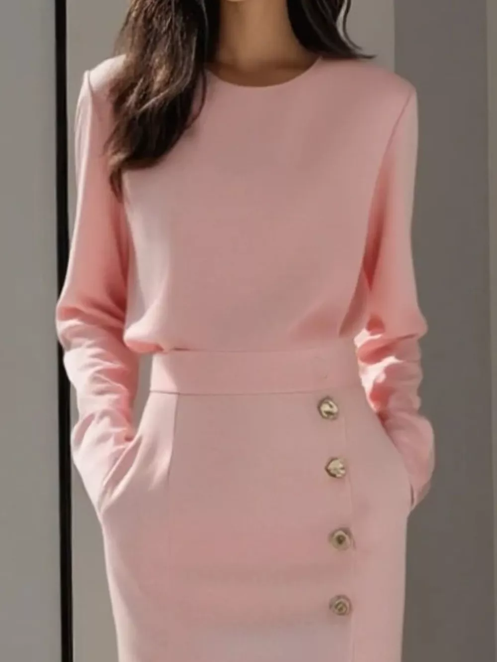 Long Sleeve Button Detail Midi Dress with Side Slit, image 7