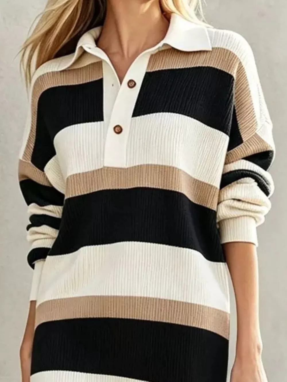 Striped Polo Collar Long Sleeve Sweater Dress, image 4