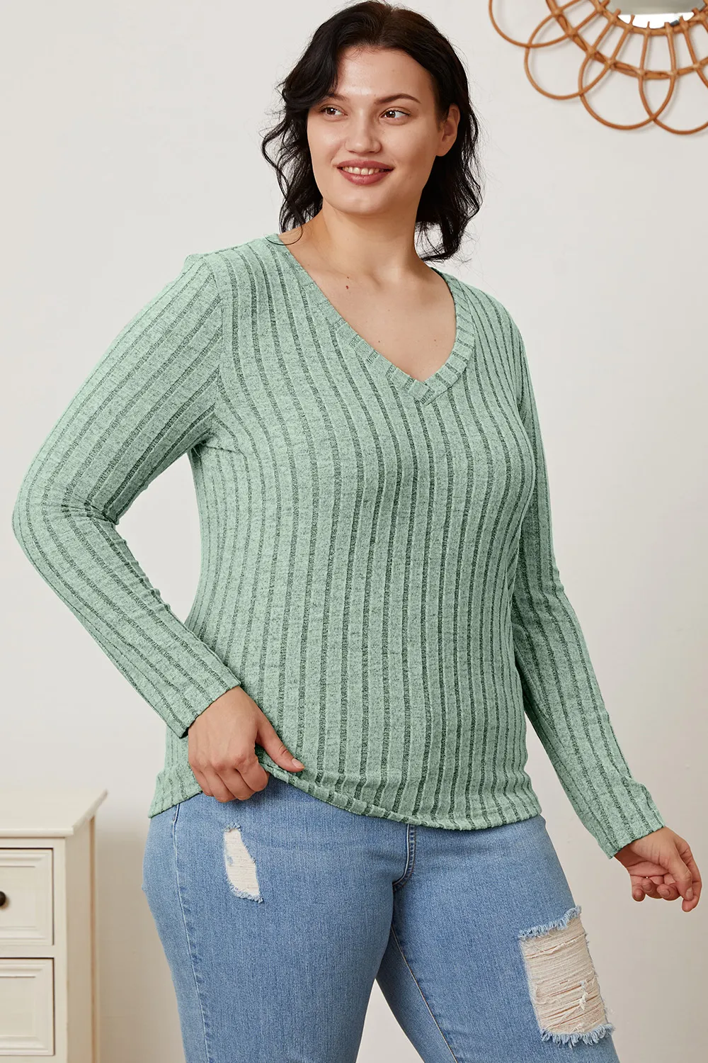Full Size Ribbed V-Neck Long Sleeve T-Shirt, image 22