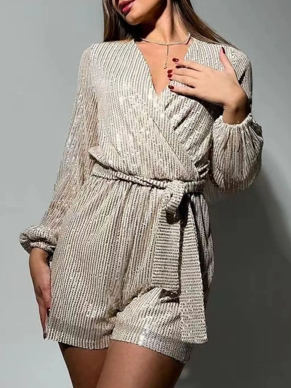 Full Size Sequin Surplice Tie Waist Long Sleeve Romper, image 19