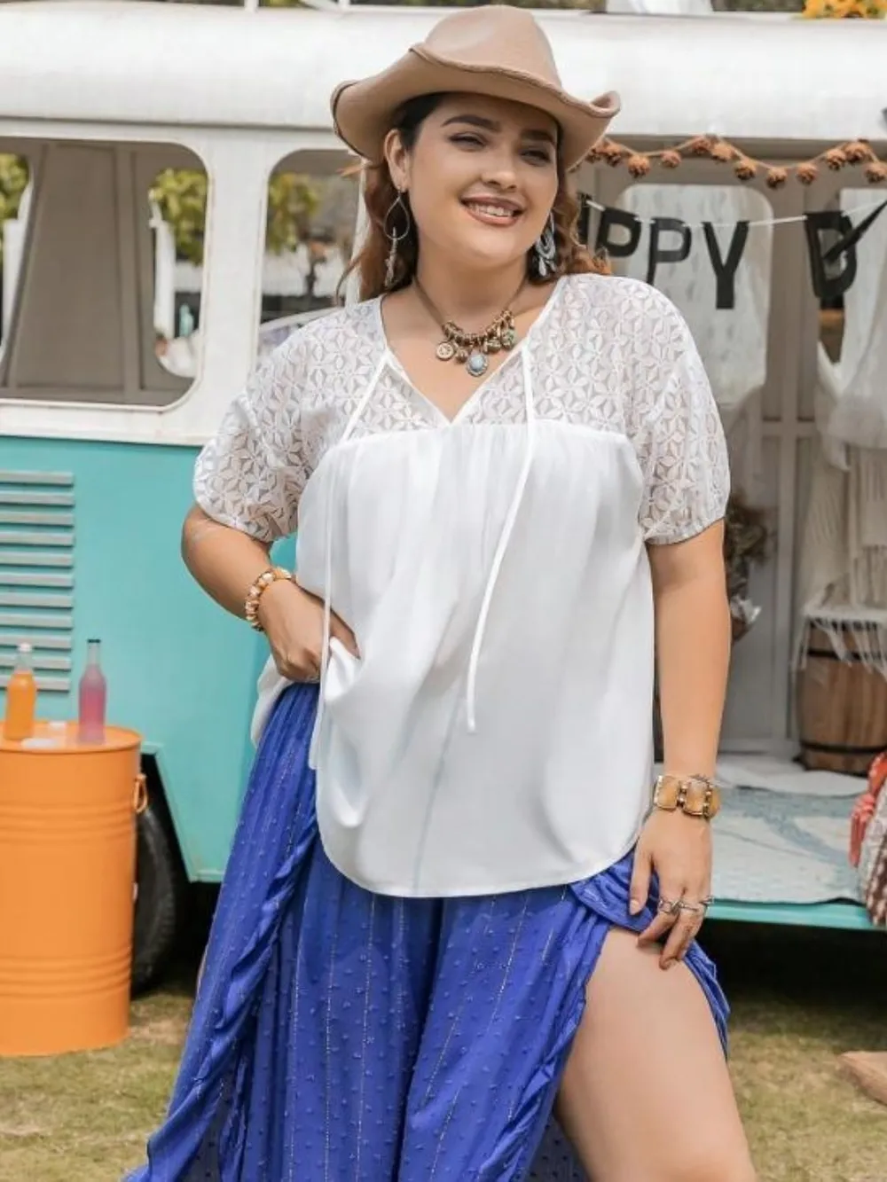 Plus Size Tie Neck Short Sleeve Blouse, image 3