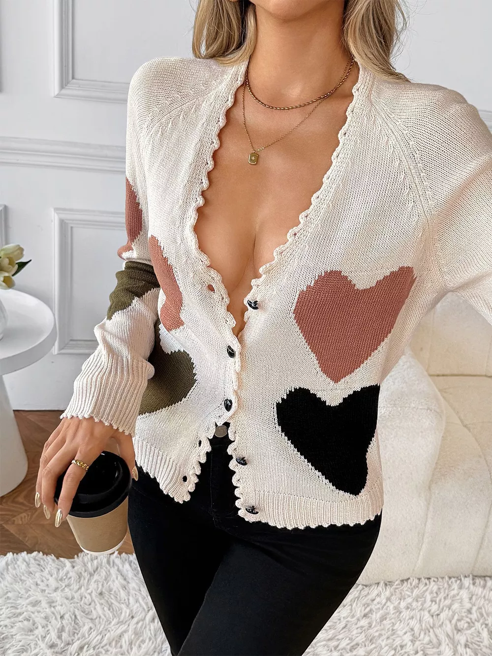 Heart Pattern Button-Up Cardigan, image 6