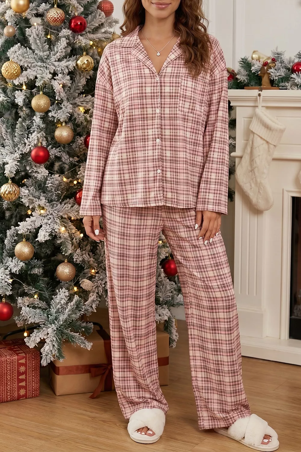 Plaid Patch Pockets Long Sleeve Lounge Set, image 2