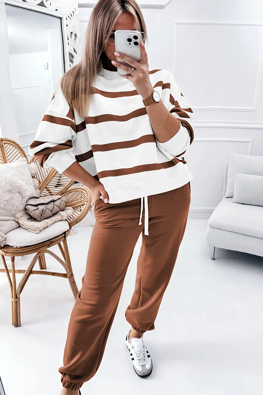 Striped Round Neck Long Sleeve Top and Pants Set, image 9