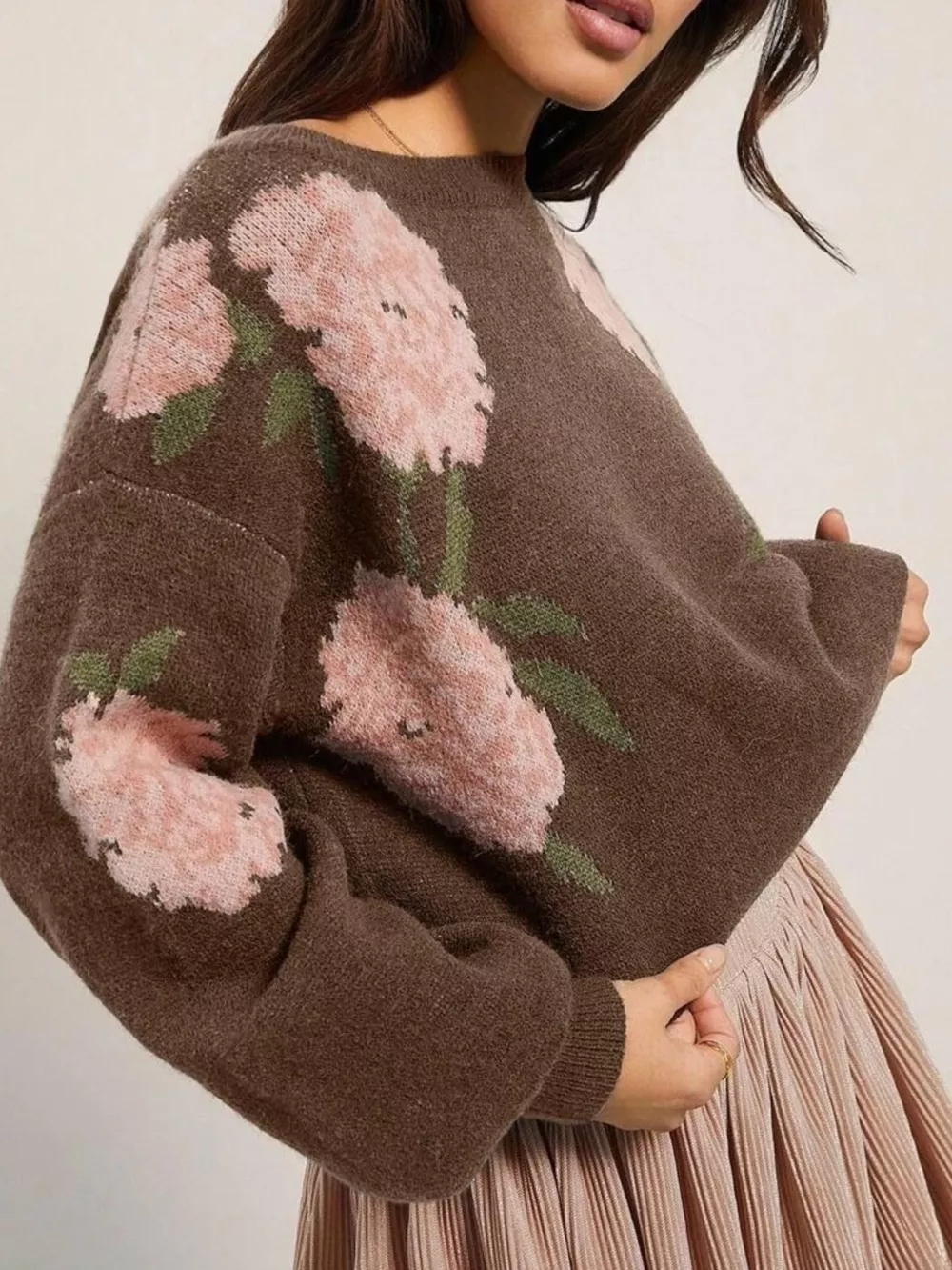 Floral Pattern Dropped Shoulder Sweater, image 7