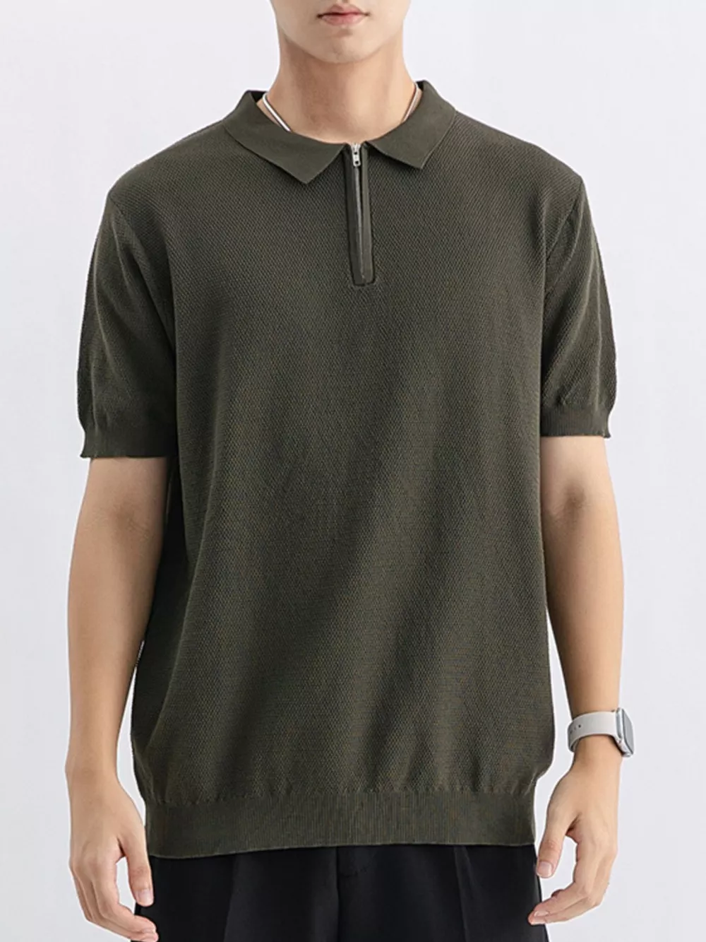 Men's Plus Size Textured Knit Zip-Up Polo, image 4