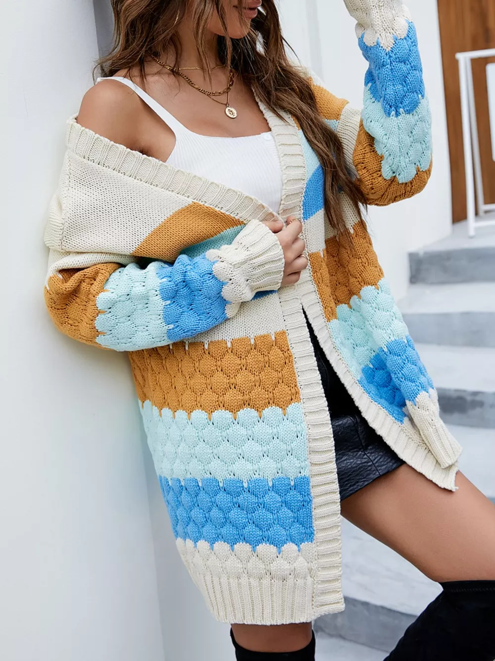 Chunky Knit Color Block Open Front Cardigan, image 4