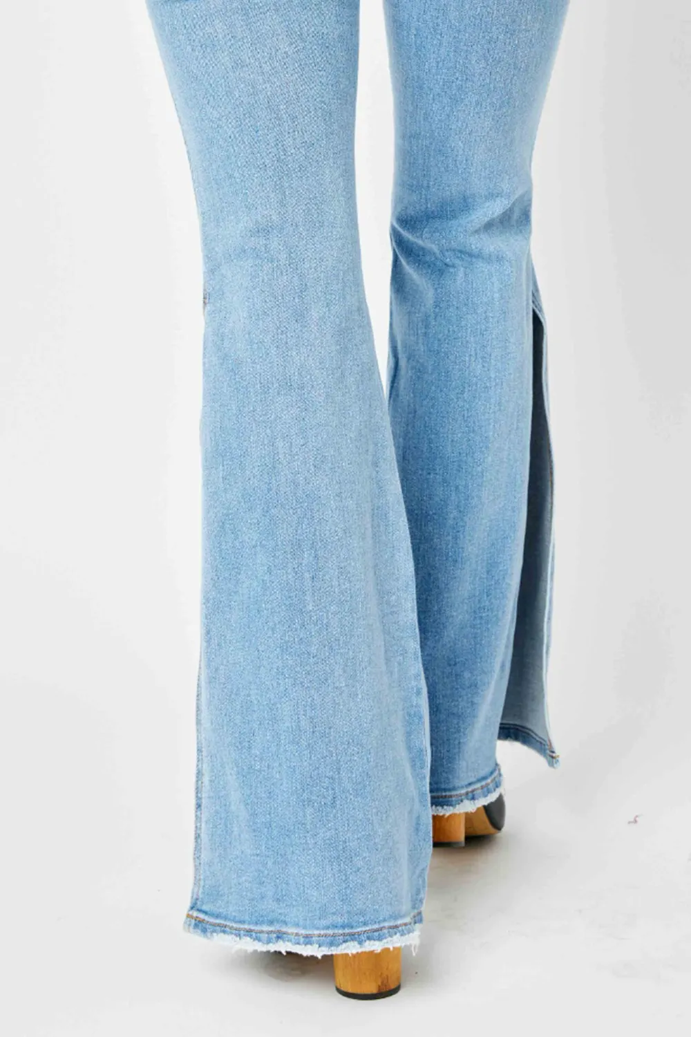 Full Size Mid Rise Raw Hem Slit Flare Jeans, image 2