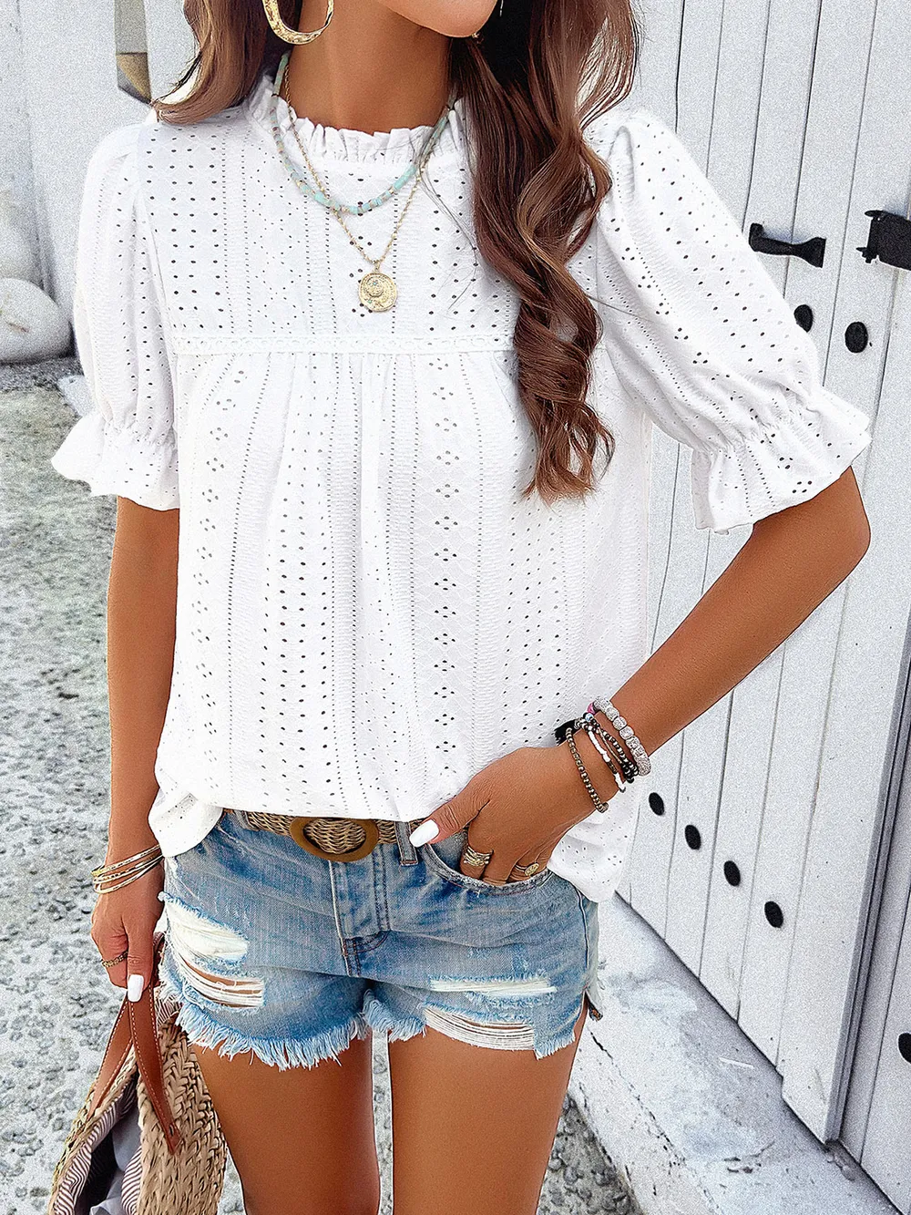 Eyelet Mock Neck Flounce Sleeve Blouse, image 4